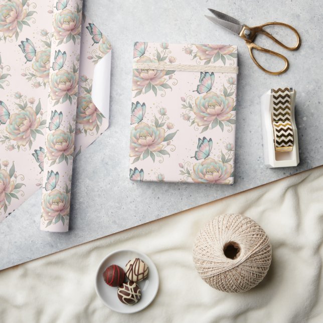 Magical Rose and Butterfly Pattern Pastel Colours  Wrapping Paper (Crafts)