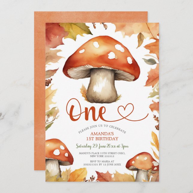 Magical Rustic Mushroom Cute Kid's 1st Birthday Invitation (Front/Back)
