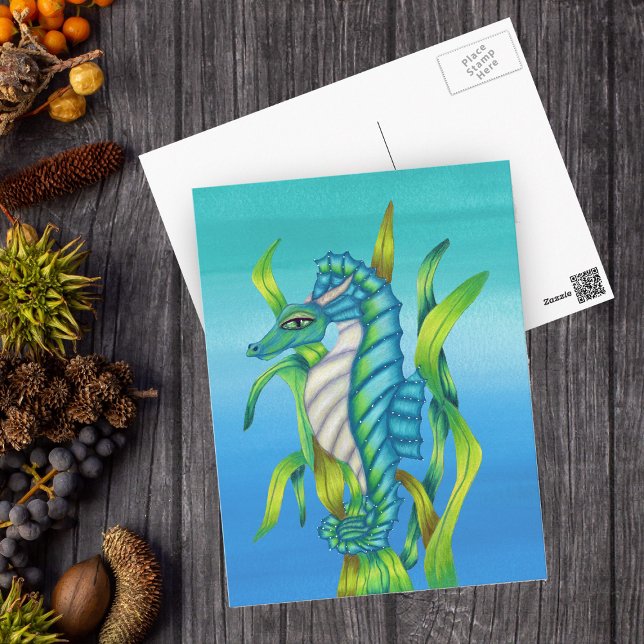 Magical Sea Dragon Horse blue Green Seaweed Postcard (Fantasy seahorse / dragon with horns in green seaweed watery background postcard.)