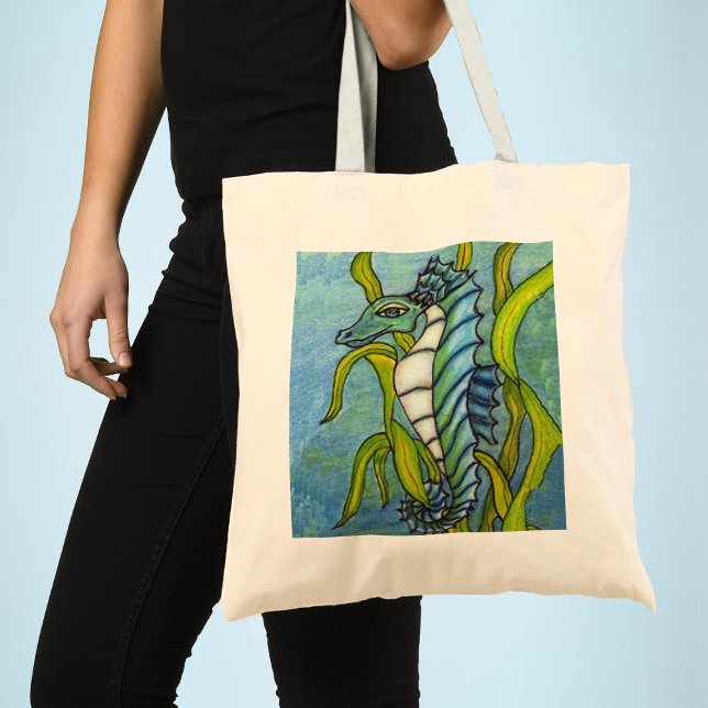 Magical Sea Horse Dragon Bag (Fantasy aqua blue seahorse tangled in green seaweed on on a tote bag
)