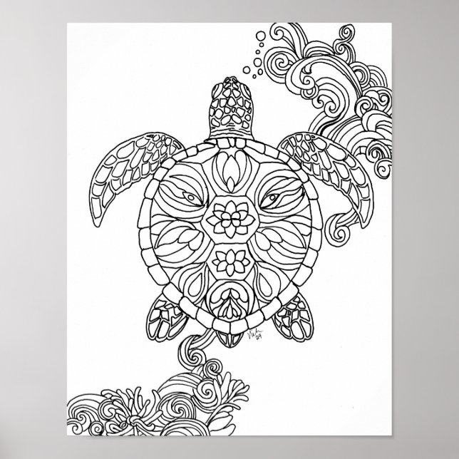 Magical Sea Turtle Adult Colouring Printable Poster (Front)
