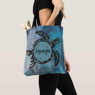 Magical Sea Turtle Glittery Blue Personalised Tote Bag