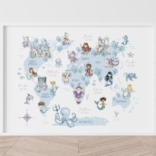 Magical Sea World, Mermaids, Knights, World Map Poster