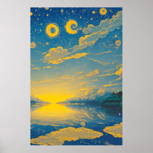 Magical Sky, Stars, Clouds, Lake, Retro Painting Poster