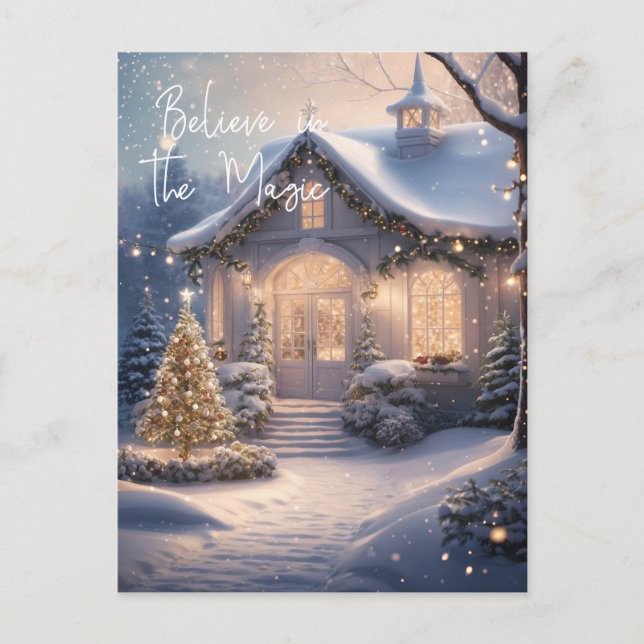 Magical Snow Cottage Christmas Postcard with Light (Front)