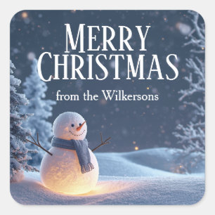 Magical Snowman on a Winter Night Custom Name Xmas Square Sticker