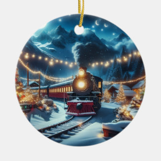 Magical Snowy Christmas Train Winter Scene Ceramic Tree Decoration