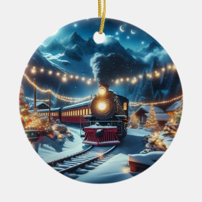 Magical Snowy Christmas Train Winter Scene Ceramic Tree Decoration (Front)