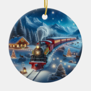 Magical Snowy Christmas Train Winter Scene Ceramic Tree Decoration