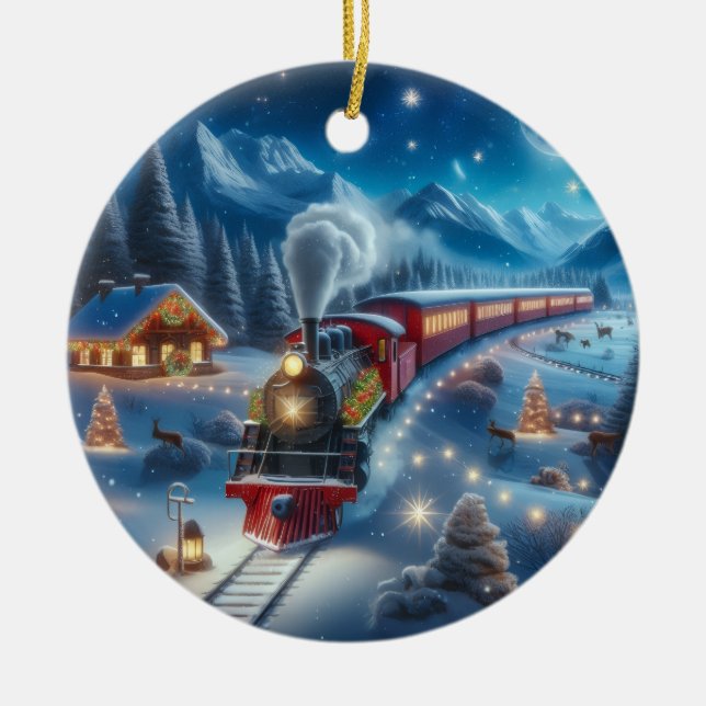 Magical Snowy Christmas Train Winter Scene Ceramic Tree Decoration (Front)