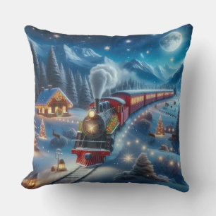 Magical Snowy Christmas Train Winter Scene Cushion