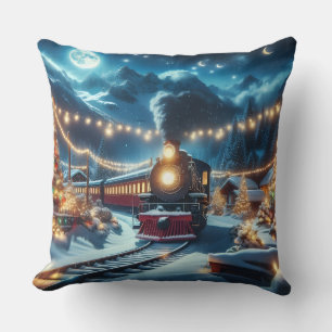 Magical Snowy Christmas Train Winter Scene Cushion