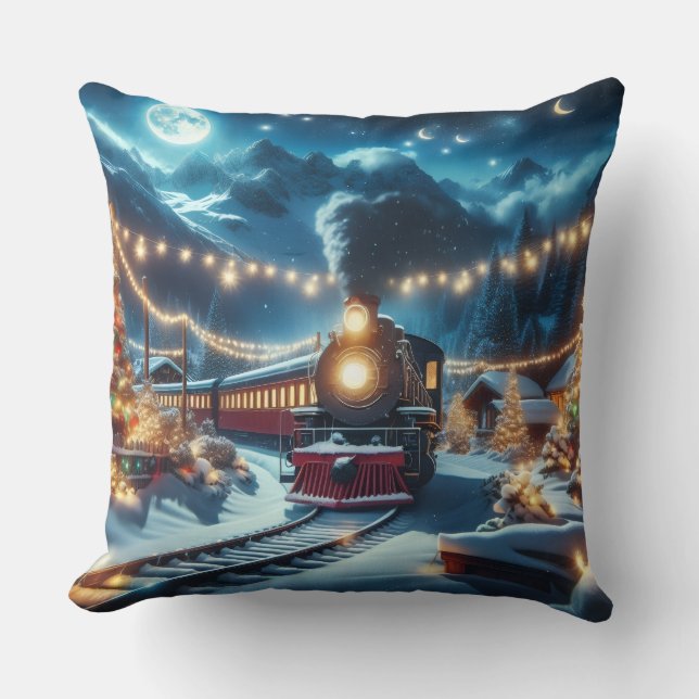 Magical Snowy Christmas Train Winter Scene Cushion (Front)