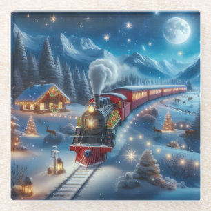 Magical Snowy Christmas Train Winter Scene Glass Coaster
