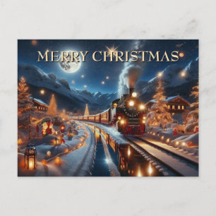 Magical Snowy Christmas Train Winter Scene Holiday Postcard