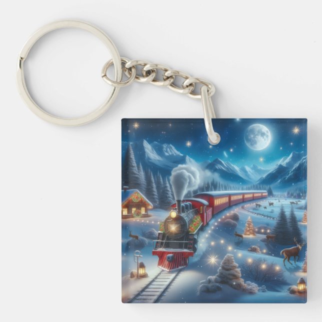 Magical Snowy Christmas Train Winter Scene Key Ring (Front)