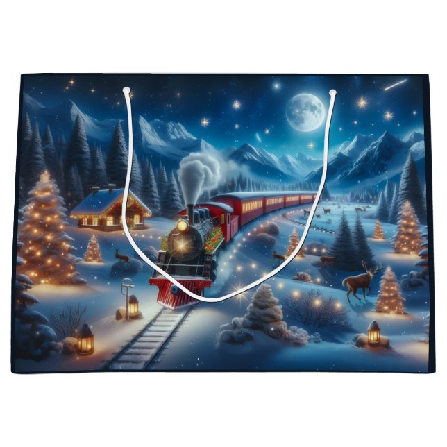 Magical Snowy Christmas Train Winter Scene Large Gift Bag (Front)