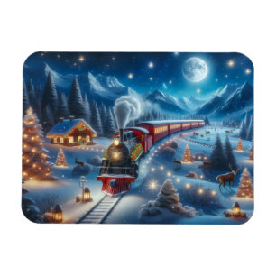 Magical Snowy Christmas Train Winter Scene Magnet