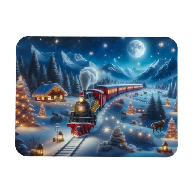 Magical Snowy Christmas Train Winter Scene Magnet (Horizontal)