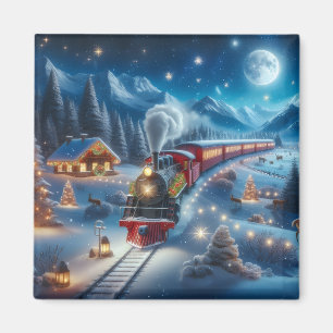 Magical Snowy Christmas Train Winter Scene Magnet