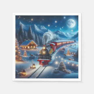 Magical Snowy Christmas Train Winter Scene Napkin