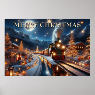 Magical Snowy Christmas Train Winter Scene Poster