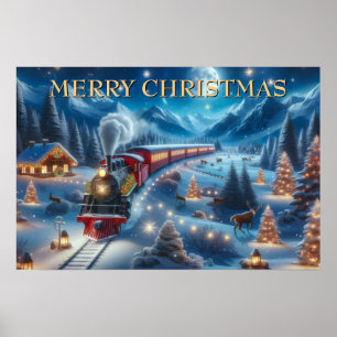 Magical Snowy Christmas Train Winter Scene Poster