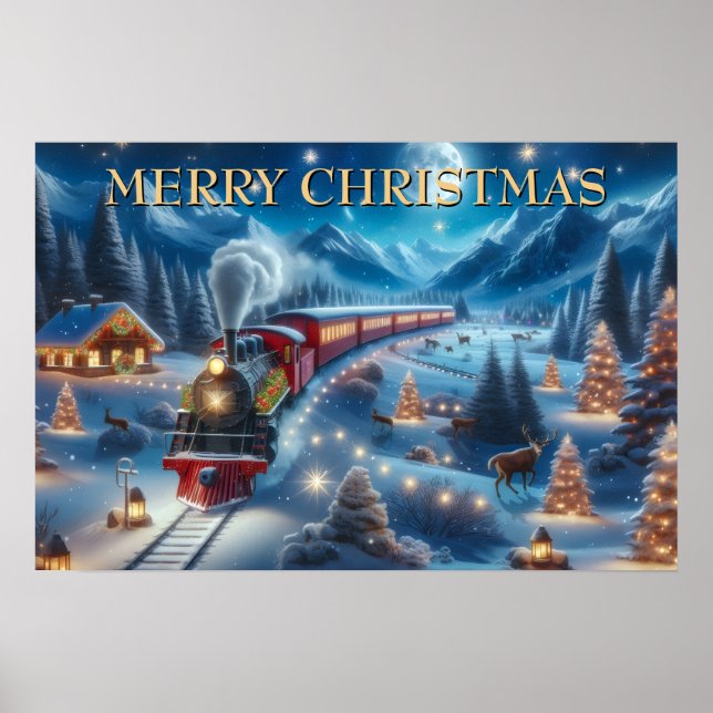 Magical Snowy Christmas Train Winter Scene Poster (Front)