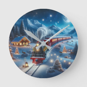 Magical Snowy Christmas Train Winter Scene Round Clock