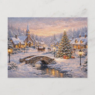 Magical Snowy Christmas Village at Sunset Holiday Postcard