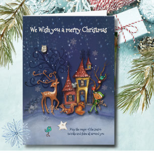 Magical Snowy Christmas Village Elf & Reindeer Holiday Card