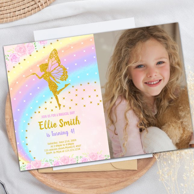 Magical Sparkle Party for Girls Invitation (Photo Rainbow Glitter Fairy Birthday Invitations)