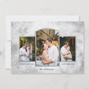 Magical Sparkly Silver Snowflakes 3-Photo Holiday Card