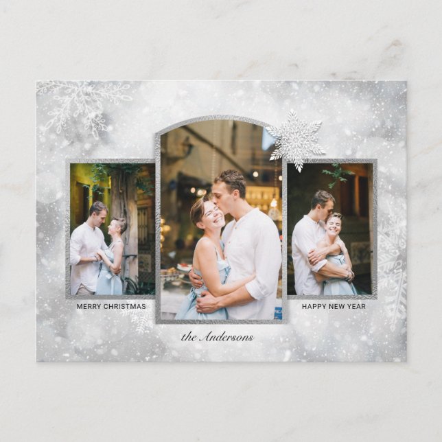 Magical Sparkly Silver Snowflakes 3-Photo  Holiday Postcard (Front)