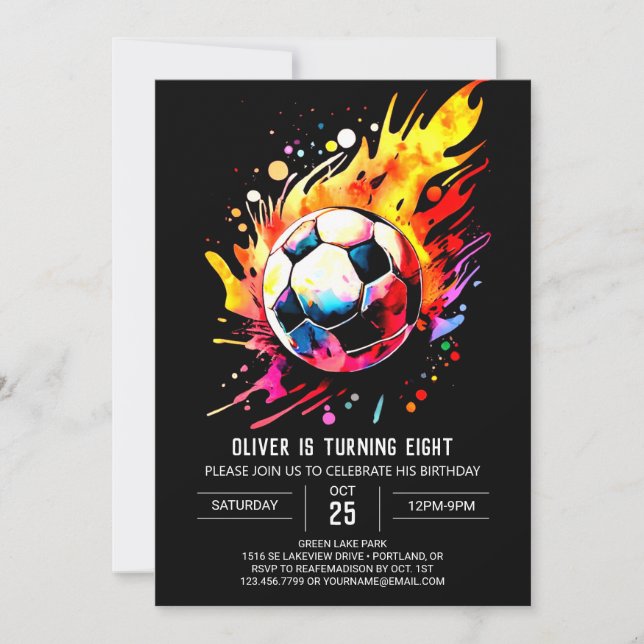Magical Sports Watercolor Soccer Birthday Invitation (Front)