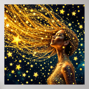 Magical starry portrait of gold fantasy woman poster