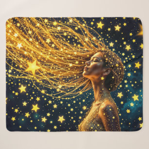 Magical starry portrait of gold fantasy woman sherpa blanket