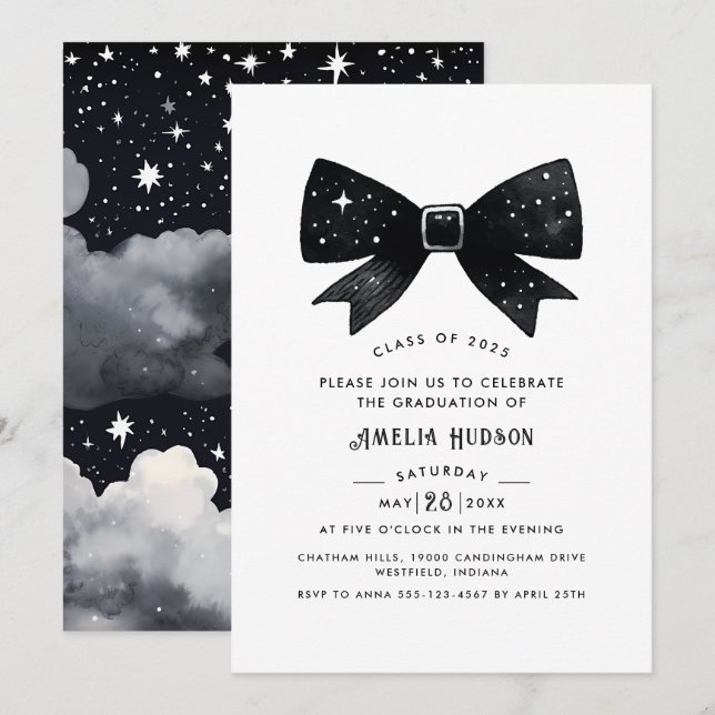 Magical Stars Black Bow Graduation Party Invitation (Front/Back)