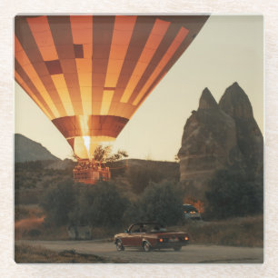 Magical Sunrise Hot Air Balloon View With Red Car Glass Coaster