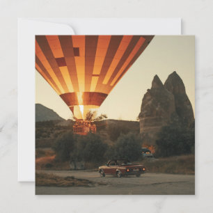 Magical Sunrise Hot Air Balloon View With Red Car Holiday Card
