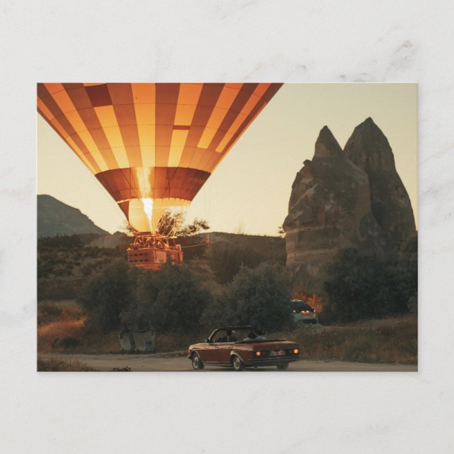 Magical Sunrise Hot Air Balloon View With Red Car Holiday Postcard (Front)