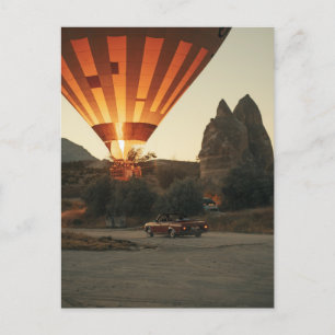 Magical Sunrise Hot Air Balloon View With Red Car Holiday Postcard