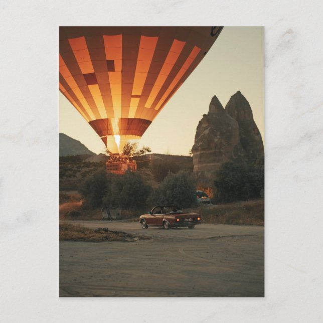 Magical Sunrise Hot Air Balloon View With Red Car Holiday Postcard (Front)