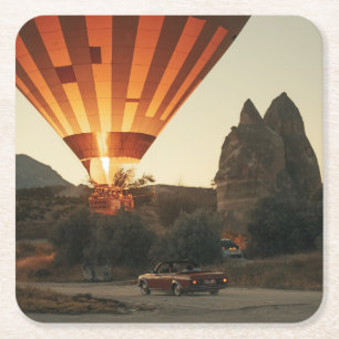 Magical Sunrise Hot Air Balloon View With Red Car Square Paper Coaster