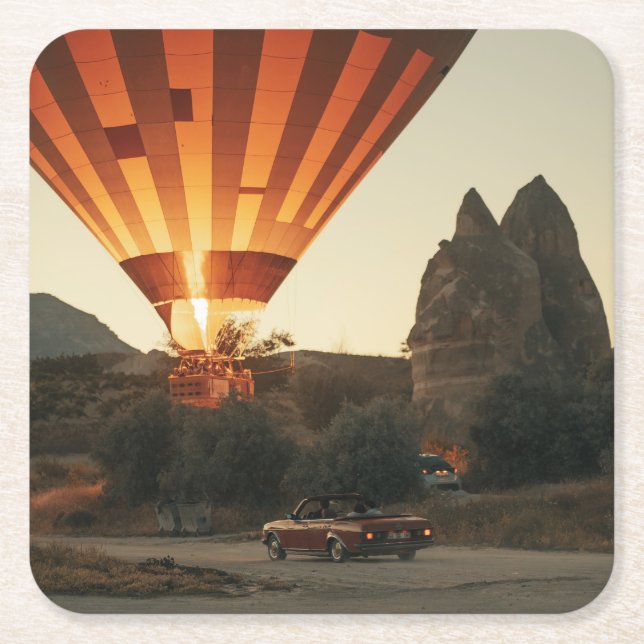Magical Sunrise Hot Air Balloon View With Red Car Square Paper Coaster (Front)
