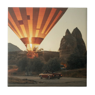 Magical Sunrise Hot Air Balloon View With Red Car Tile