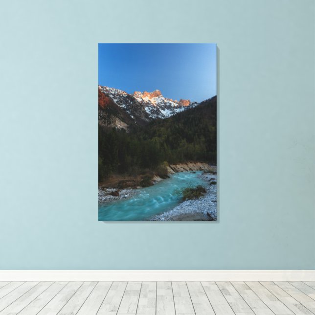 Magical sunset over the mountains and river canvas print (Insitu(Wood Floor))