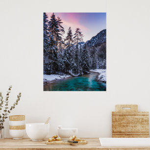 Magical sunset turquoise river Mojstrana, Slovenia Poster