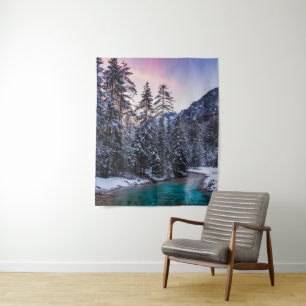Magical sunset turquoise river Mojstrana, Slovenia Tapestry