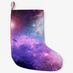 Magical surreal colorful space background with man small christmas stocking